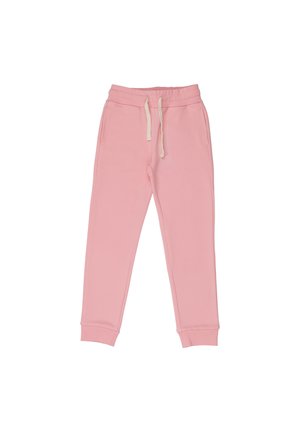 Pink cotton jogger pants with elastic waistband, white drawstring, side pockets, and ribbed cuffs.