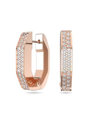 Boucles d'oreilles créoles hexagonales en or rose avec deux rangées de petits pierres précieuses rondes et claires le long du bord extérieur, dotées d'une fermeture à charnière.