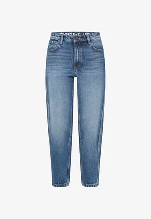 Midblaue Jeans mit hoher Taille, Frontknöpfen und Reißverschluss, Gürtelschlaufen, vorderen Taschen und dezentem Verblassen an Oberschenkeln und Knien.
