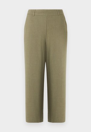 Pantalon droit vert olive avec taille mi-haute et passants pour ceinture, fabriqué en tissu texturé, présenté sur un fond blanc.