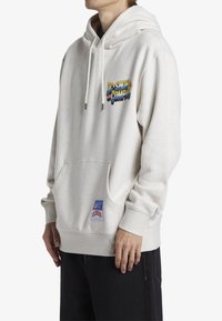 Light gray hoodie featuring a front pocket, drawstring hood, and printed "DC Shoe Company" logo. Includes a woven label on the lower side.