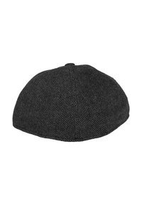 Black herringbone-patterned cap with a rounded shape, made of textured fabric, featuring a small top button and stitched seams.