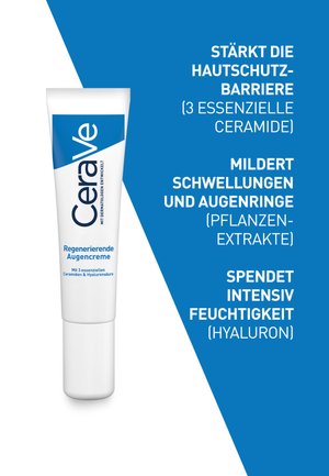 White tube of CeraVe eye cream with a blue cap. Text highlights features: strengthens skin barrier, reduces puffiness, hydrates with hyaluronic acid.