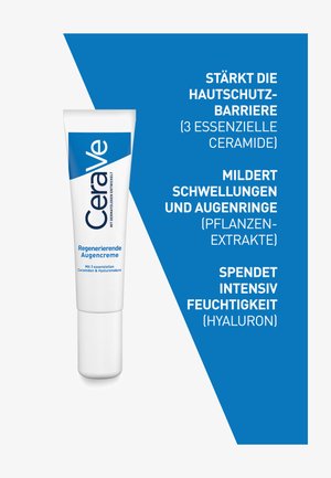 White tube of CeraVe eye cream with a blue cap. Text highlights features: strengthens skin barrier, reduces puffiness, hydrates with hyaluronic acid.