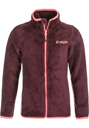 Bordeaux fleecejakke med høj krave, der har en frontlynlås med lyserøde detaljer og et lille logo på brystet. Blød tekstur.