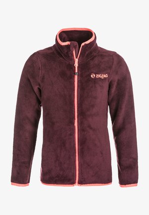 Bordeaux fleecejakke med høj krave, der har en frontlynlås med lyserøde detaljer og et lille logo på brystet. Blød tekstur.