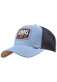 Gorra azul con una parte frontal rígida, respaldo de malla negra y visera de cuero marrón. Presenta un parche con el texto "DUNNS DO NOT ING CLUB".