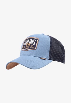 Blaues Cap mit starrem Vorderteil, schwarzem Netzrücken und einem braunen Ledervisier. Mit einem Aufnäher, der den Text "DUNNS DO NOT ING CLUB" zeigt.