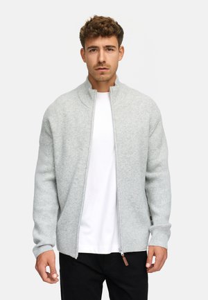 Hellegrau gestreifter Cardigan mit hohem Kragen, Reißverschluss und langen Ärmeln, über einem weißen T-Shirt getragen. Strukturierter Strickstoff.