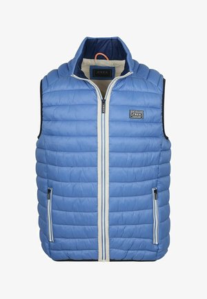 Lichtblauwe mouwloze gewatteerde bodywarmer met ritssluiting aan de voorkant, twee met rits afsluitbare zijzakken en een New Zealand Auckland-logo op de borst.