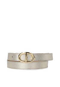 Metallic gold leather belt featuring a smooth texture, slender design, and a gold oval buckle with a cutout logo detail.