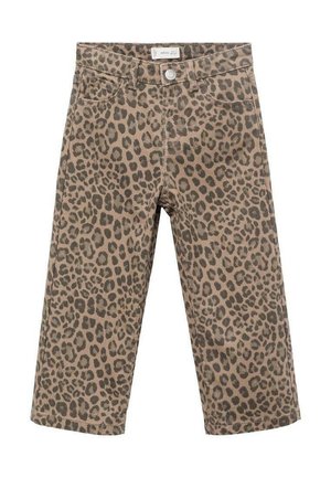Pantalons léopard en beige et marron, avec une coupe droite, cinq poches, et une fermeture à bouton métallique.
