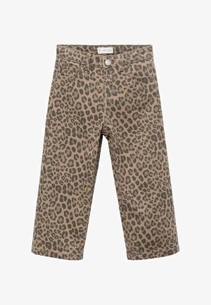 Pantaloni a stampa leopardata in beige e marrone, caratterizzati da un design a gamba dritta, cinque tasche e chiusura con bottone metallico.