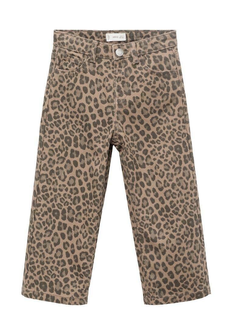 Leopardmönstrade byxor i beige och brunt, med rak bendesign, fem fickor och metallknappsstängning.