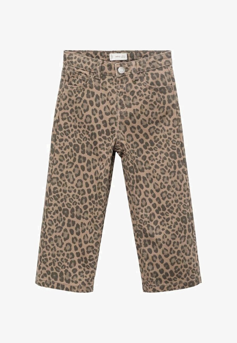 Housut leopardikuosisessa beigen ja ruskean sävyssä, suoralahkeiset, viisi taskua ja metallinen napin kiinnitys.