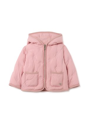 Veste rembourrée rose avec capuche, fermeture éclair, deux poches avant et couture en forme de cœur. Équipée de détails beiges.