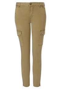 Housut ruskeassa sävyssä, joissa on slim fit -malli. Housuissa on kaksi sivutaskua, vetoketju nilkoissa ja sileä puuvillasekoitekangas.