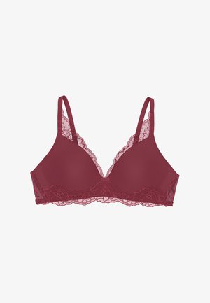 Burgunderfarbener gepolsterter BH mit Spitzenakzenten, verstellbaren Trägern und Hakenverschluss. Glattes Material und detaillierte Blumenspitzenverzierung.