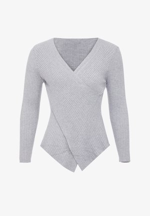 Grauer gerippter Pullover mit V-Ausschnitt, langen Ärmeln und asymmetrischem Wickeldesign. Weicher Stoff und taillierte Silhouette.