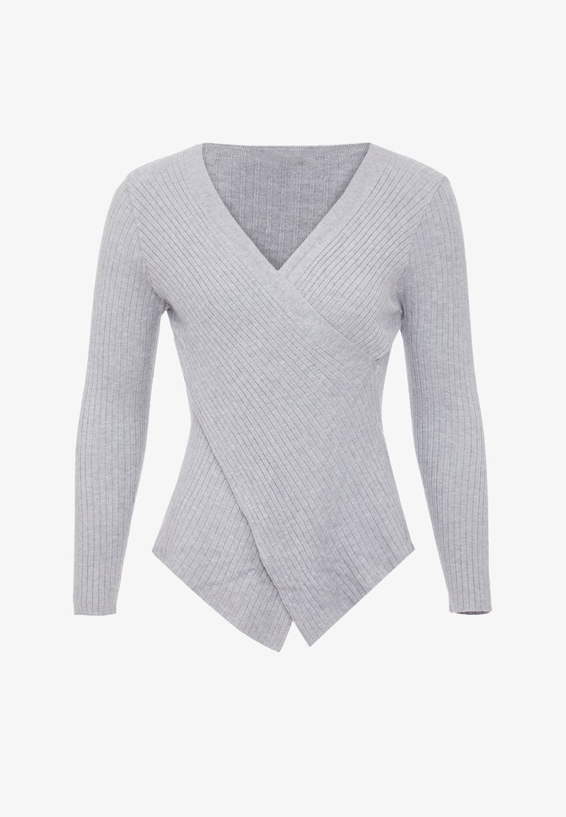 Grå ribbade tröjan med V-ringning, långa ärmar och en asymmetrisk omslagdesign. Mjuk textur och figursydd silhuett.