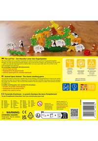 Wooden animal stacking game with 29 multi-colored pieces, featuring various animals like a monkey, penguin, and crocodile, on a green base.