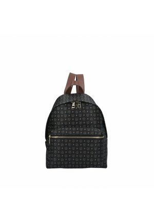 Petit sac à dos noir avec motif monogramme répété, bretelles marron, poche avant zippée et fermeture éclair double sur le dessus.