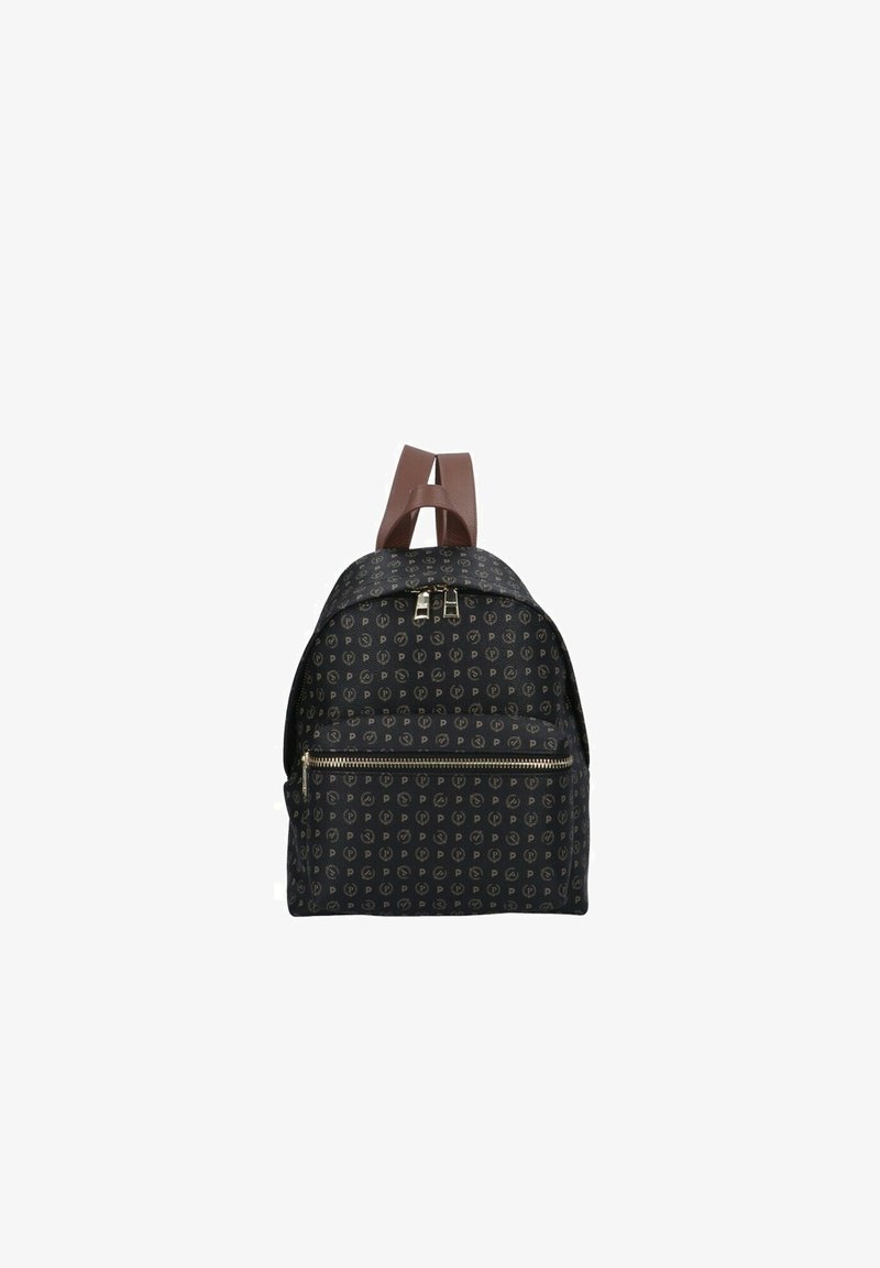 Petit sac à dos noir avec motif monogramme répété, bretelles marron, poche avant zippée et fermeture éclair double sur le dessus.