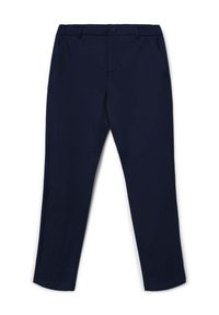 Pantalon bleu marine en tissu léger, avec une coupe droite, poches avant, fermeture éclair et bouton.