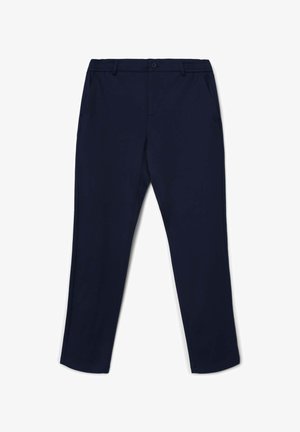 Pantalon bleu marine en tissu léger, avec une coupe droite, poches avant, fermeture éclair et bouton.