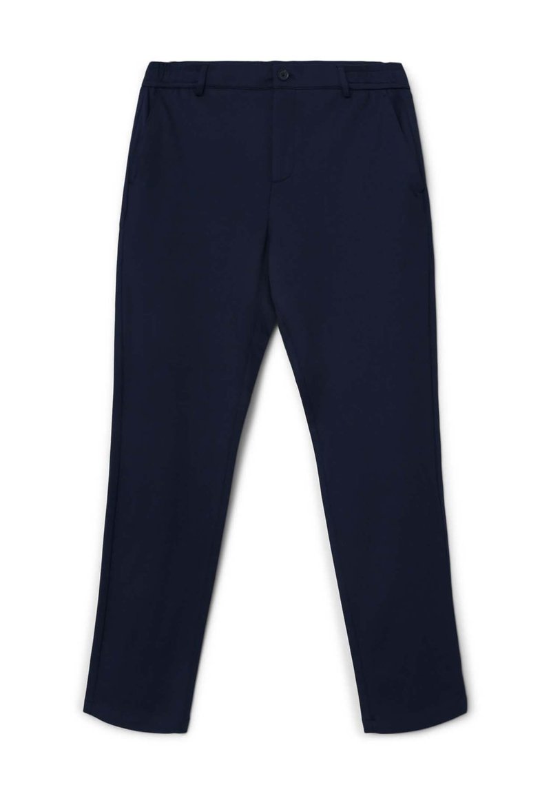 Pantalon bleu marine en tissu léger, avec une coupe droite, poches avant, fermeture éclair et bouton.