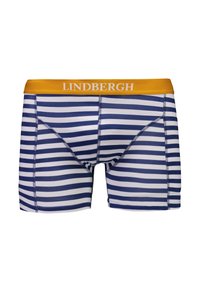 Herre boxershorts med marineblå og hvide vandrette striber og en sennepsgul linning med mærket "LINDBERGH" i hvid tekst.