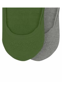 Twee paren lage sokken: één olijfgroen, één grijs. Van een katoenmix, met rubberen grippatronen aan de onderkant voor anti-slip grip.