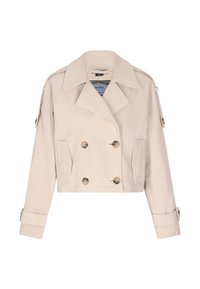 Beige cropped dobbelbrystet jakke i blødt stof, med store knapper, sidelommer og udtalte krave med skulderepauleter.