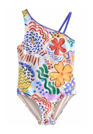 Maillot de bain à une épaule avec un motif abstrait coloré comprenant des fleurs et des designs ondulés. Fabriqué à partir d'un tissu lisse et extensible, principalement blanc.