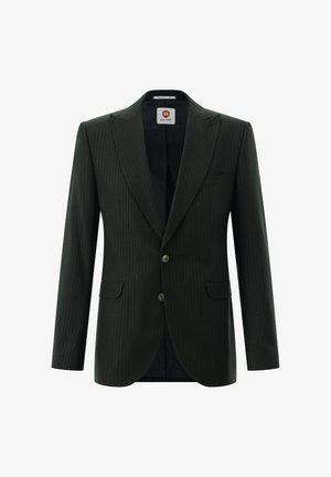 Dunkler Nadelstreifen-Herrenblazer mit zwei Knöpfen, Spitzenrevers und Pattentaschen, dargestellt auf weißem Hintergrund.