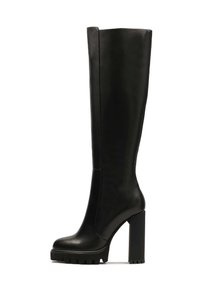 Bottes noires jusqu'au genou en cuir lisse, avec un talon épais et une semelle striée. Le détail de la couture latérale apporte un intérêt visuel.