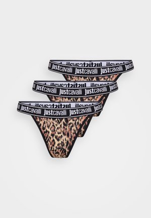 Three pairs of leopard print underwear with a black elastic waistband featuring "justcavalli" branding. Light fabric, thin design.