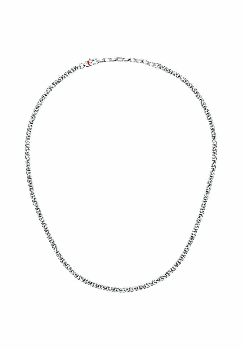 Collana in argento con maglie intrecciate, texture liscia e una leggera lucentezza. Chiusura sicura.