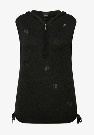 Black sleeveless hoodie with a zippered front, textured fabric, and cut-out details. Features adjustable ties at the hem for fit customization.
