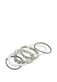 Six bracelets featuring pearls, clear crystals, and metallic elements. Various shapes and sizes, with smooth and textured surfaces.