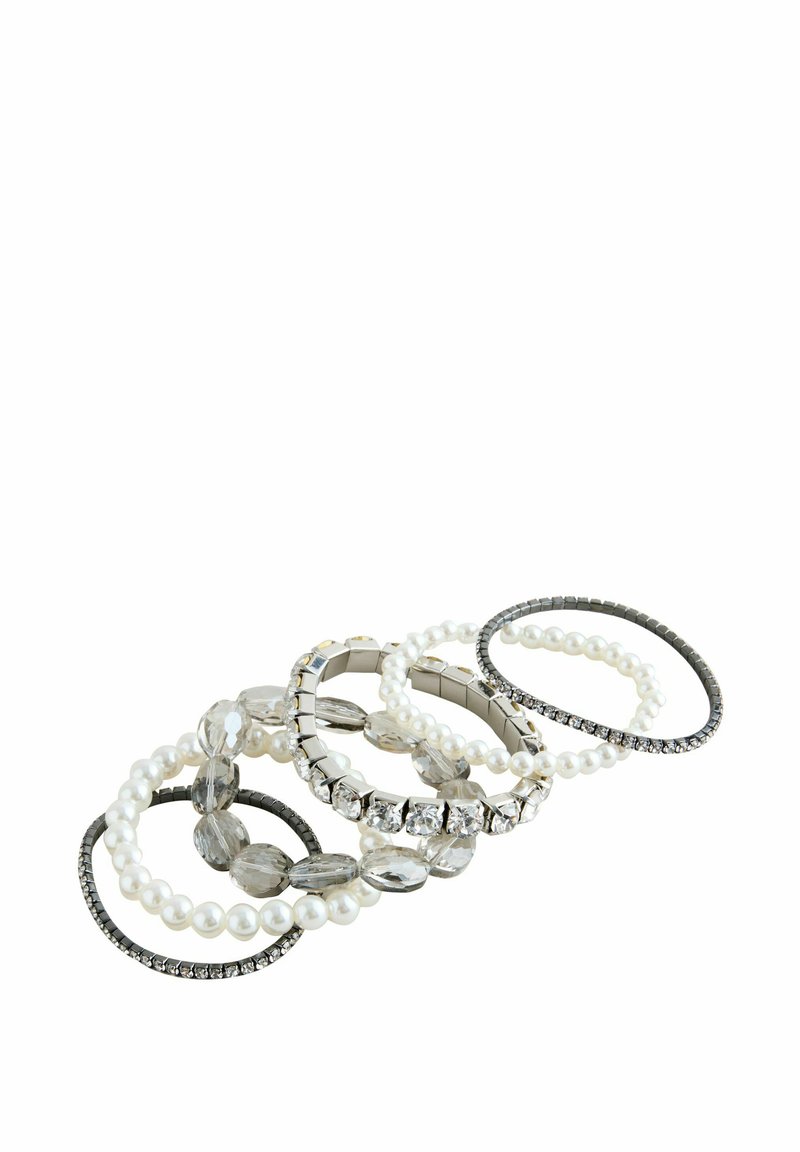 Six bracelets featuring pearls, clear crystals, and metallic elements. Various shapes and sizes, with smooth and textured surfaces.