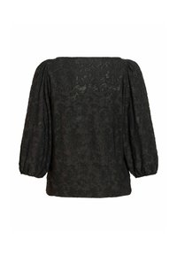 Blouse noire texturée avec manches longues bouffantes et encolure carrée, présentée sur fond blanc.