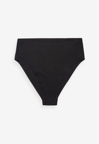 Čierny vysoký spodný diel bikín s hladkým bezšvovým dizajnom a miernym krytím nôh na bielom pozadí.