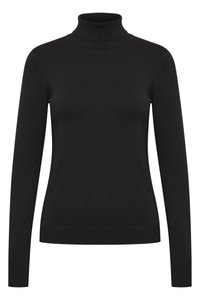 Pull à col roulé noir à manches longues, fabriqué en tissu tricoté côtelé doux. Il présente un col montant et une silhouette ajustée.