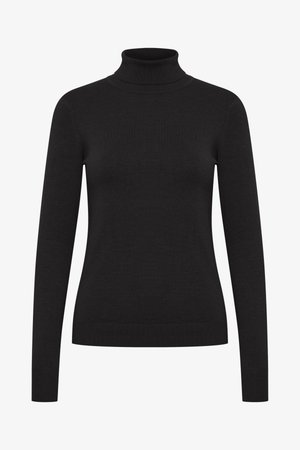 Fekete garbó pulóver hosszú ujjakkal, puha, bordázott kötött anyagból készült. Magas gallérral és testhezálló sziluettel rendelkezik.