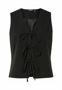 Juodas be rankovių liemenė su V formos iškirpte, turinti priekinį užsegimą su dviem ilgais raišteliais ir glotnu satino pamušalu, pagaminta iš lengvos medžiagos.