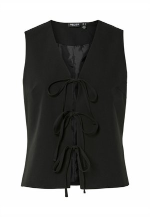 Svart ärmlös väst med V-ringning, med en frontknut som har två långa band och slät satinfoder, tillverkad av ett lättviktsmaterial.