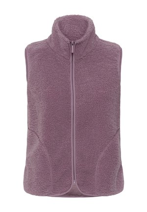 Veste sans manches en polaire lavande avec fermeture éclair intégrale à l'avant et col montant, fabriquée en tissu doux et texturé.