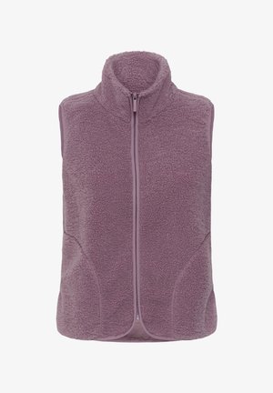 Veste sans manches en polaire lavande avec fermeture éclair intégrale à l'avant et col montant, fabriquée en tissu doux et texturé.