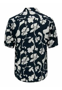 Kurzarmshirt aus dunkelblauem Stoff mit einem weißen Blumenmuster. Button-down-Kragen und lockere Passform. Glatte Textur, lässiges Design.